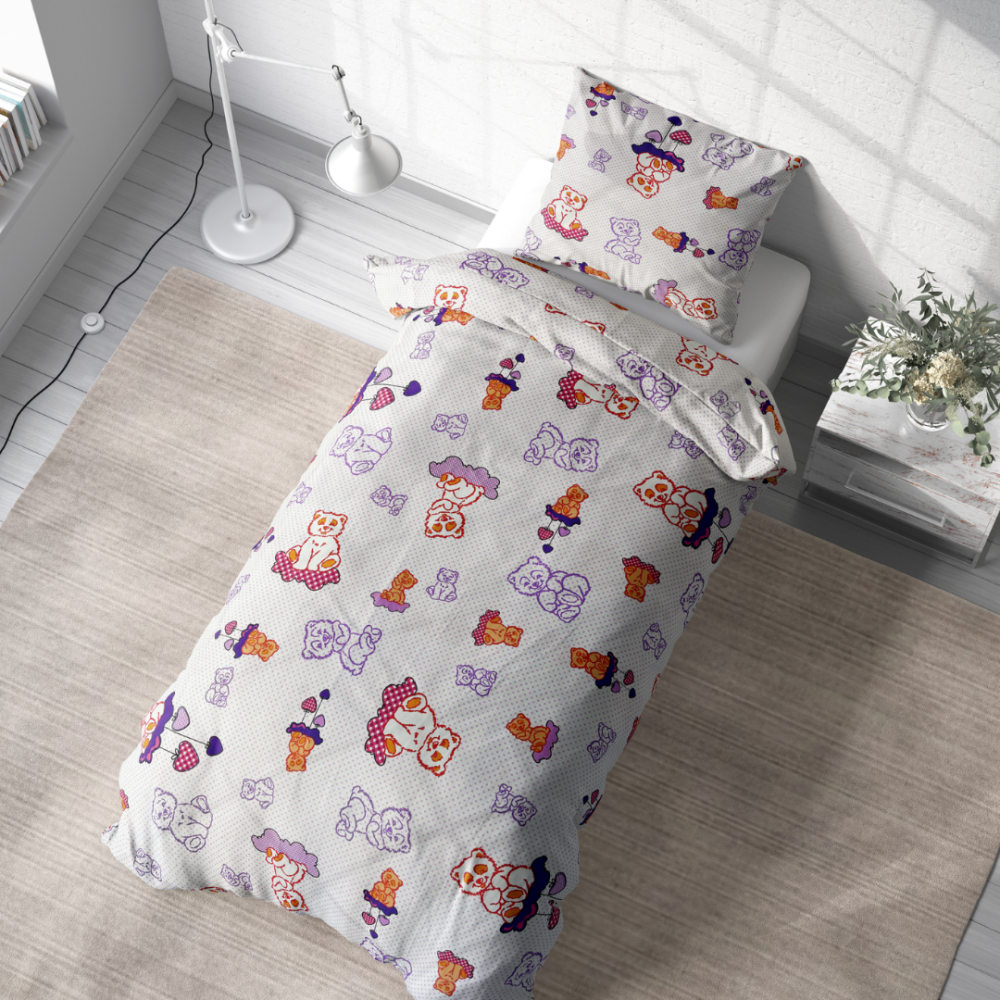 Gultas veļas komplekts „Violet bears“. Zīdaiņu gultas veļa, 90x120 cm, 100x135 cm, 100x140 cm, 110x140 cm, 140x200 cm, 150x200 cm