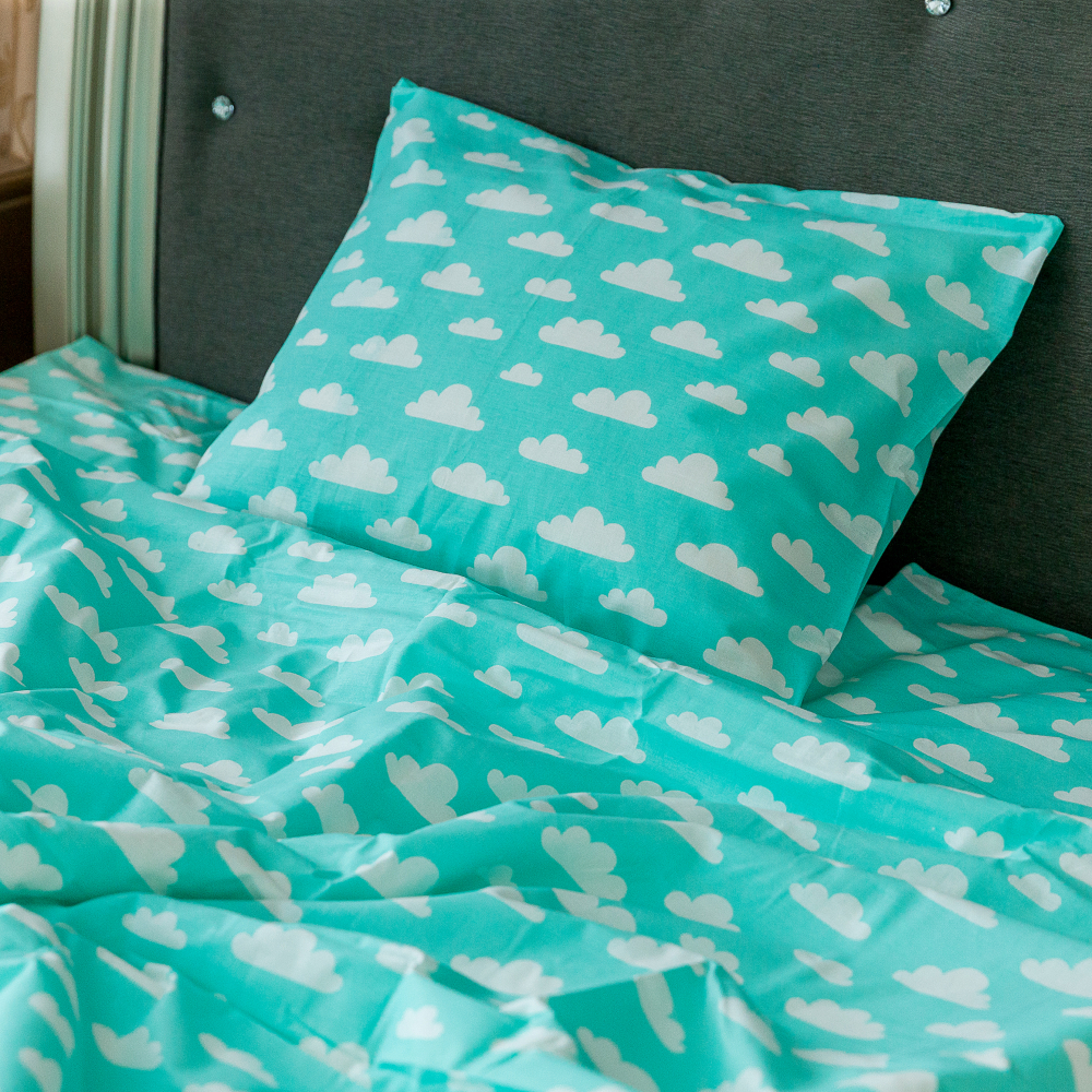 Gultas veļas komplekts „Green Clouds“. Kokvilnas gultas veļa, 140x200 cm