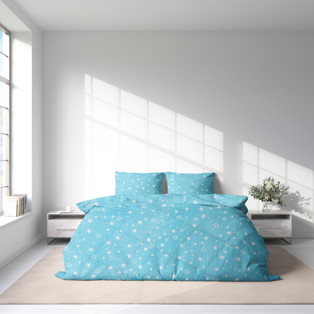 Gultas veļas komplekts „Blue Stars“. Kokvilnas gultas veļa, 140x200 cm, 160x200 cm