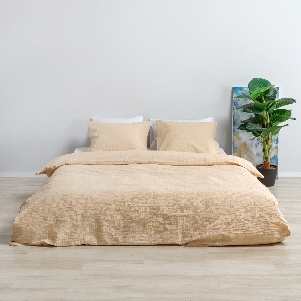 Burzīta gultas veļa „Kora Peach“. Dzeltena gultasveļa, 140x200 cm, 160x200 cm, 200x220 cm. Vienkrāsains gultas komplekts siltā tonī dabiskam interjeram.