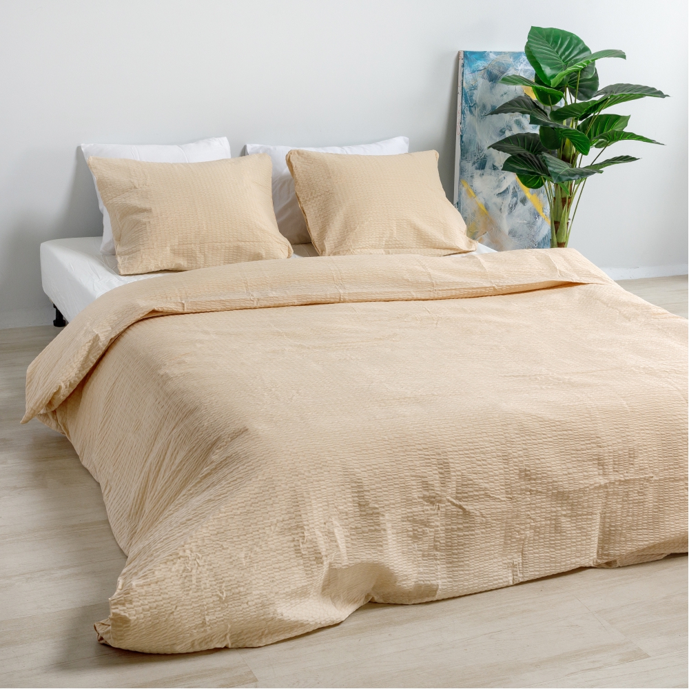 Burzīta gultas veļa „Kora Peach“. Dzeltena gultasveļa, 140x200 cm, 160x200 cm, 200x220 cm. Maigs smilšains gultas veļas komplekts mājīgam miegam.
