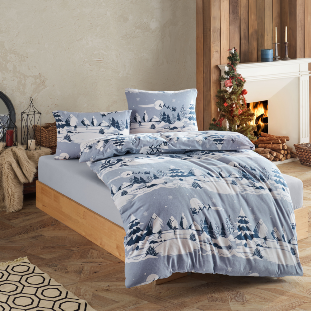 Ziemassvētku gultas veļa „Snowy blue“. Kokvilnas gultas veļa, 140x200 cm, 200x200 cm, 200x220 cm
