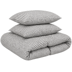 Lina gultas veļas „Linen Grey Stripes“. Gultas veļas komplekti 150x200, 140x200 cm, 150x200 cm, 160x200 cm, 180x200 cm, 200x200 cm, 200x220 cm, 220x240 cm. Pelēki balts gultas veļas komplekts ar smalkām vertikālām svītrām.