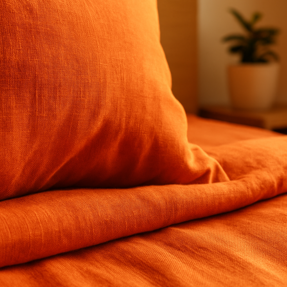 Lina gultas veļas „Linen Orange“. Lina gultas veļa, 140x200 cm, 200x200 cm, 200x220 cm, 220x240 cm. Maiga lina faktūra spilgti oranžā gultas veļas komplektā.