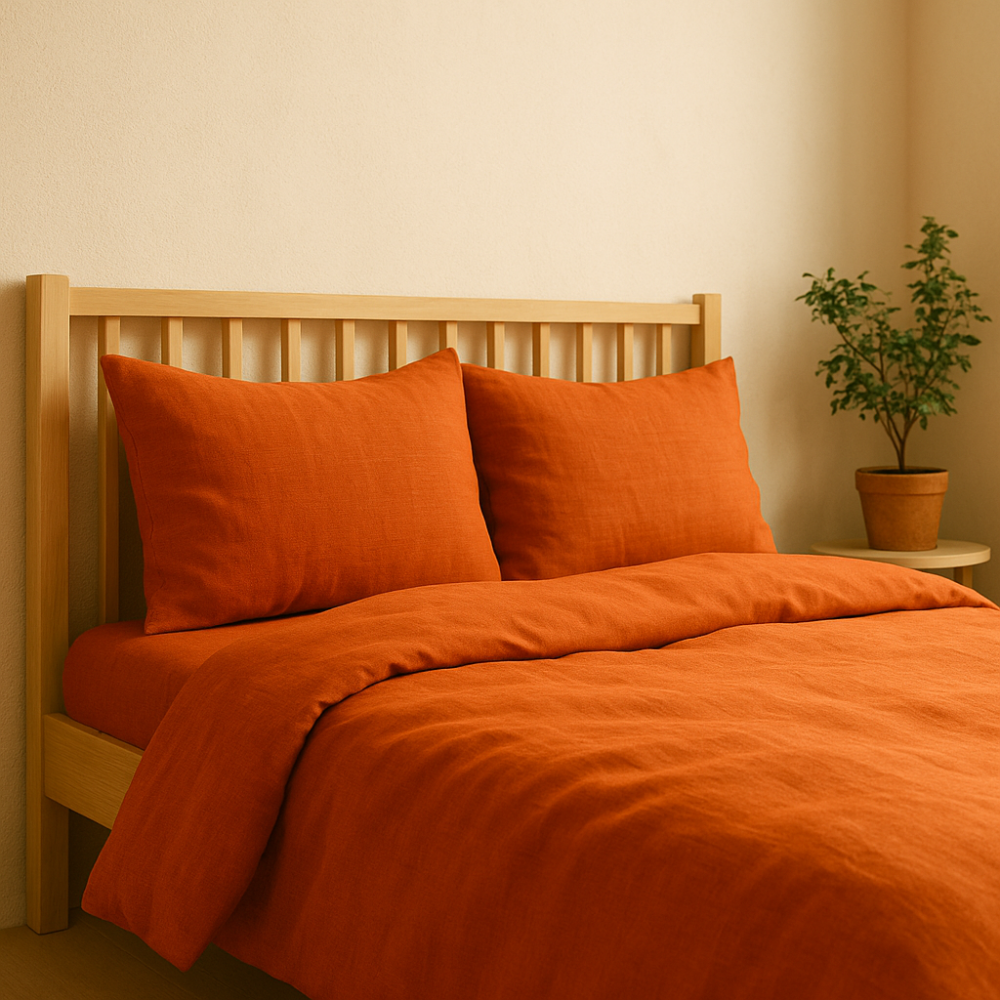 Lina gultas veļas „Linen Orange“. Lina gultas veļa, 140x200 cm, 200x200 cm, 200x220 cm, 220x240 cm. Oranža lina gultas veļas komplekta mati struktūra.