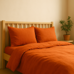 Lina gultas veļas „Linen Orange“. Lina gultas veļa, 140x200 cm, 200x200 cm, 200x220 cm, 220x240 cm. Oranža lina gultas veļas komplekta mati struktūra.