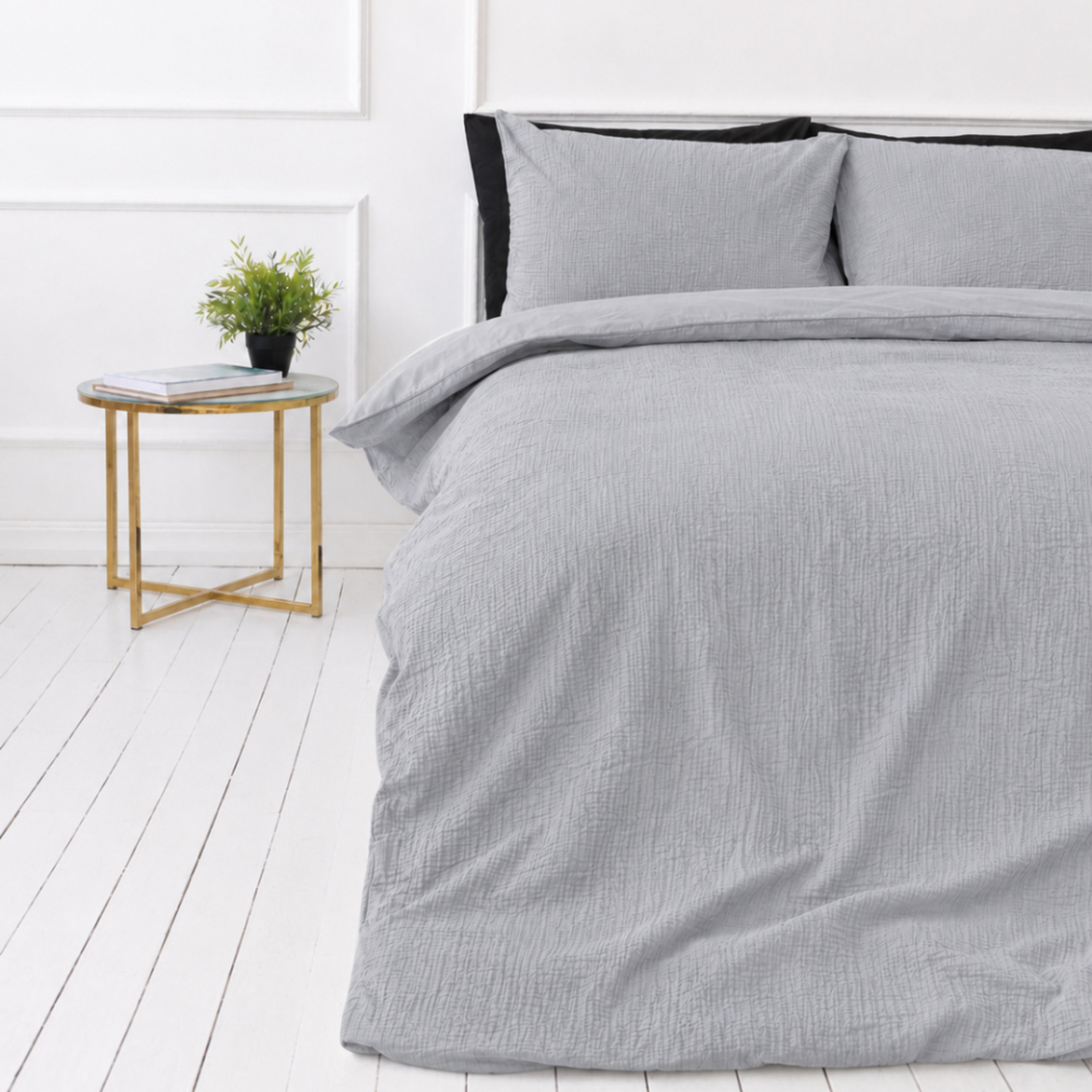 Muslīna gultas veļa „Grey muslin“. Gultas veļas komplekti, 200x200 cm, 200x220 cm. Vienkrāsaina sudrabaini pelēka gultas veļa no teksturēta muslīna