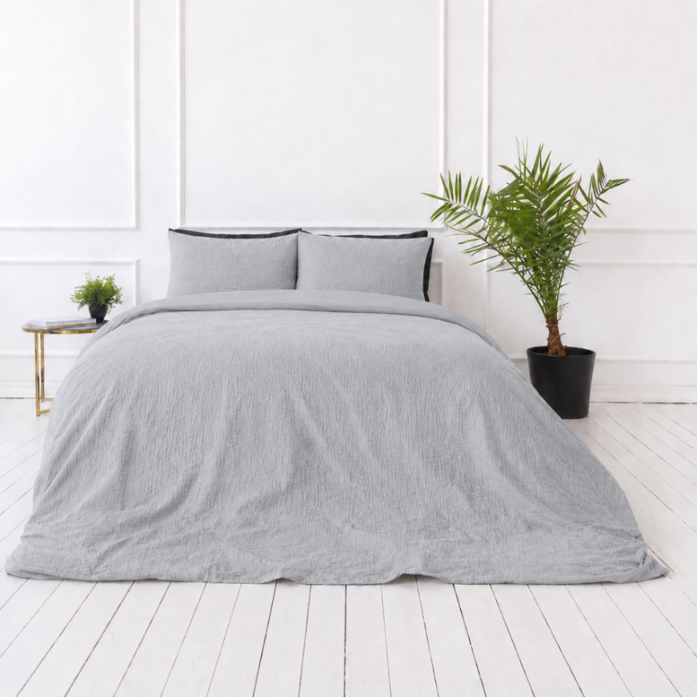 Muslīna gultas veļa „Grey muslin“. Gultas veļas komplekti, 200x200 cm, 200x220 cm. Minimālistisks pelēks muslīna gultas veļas komplekts ar smalku tekstūru