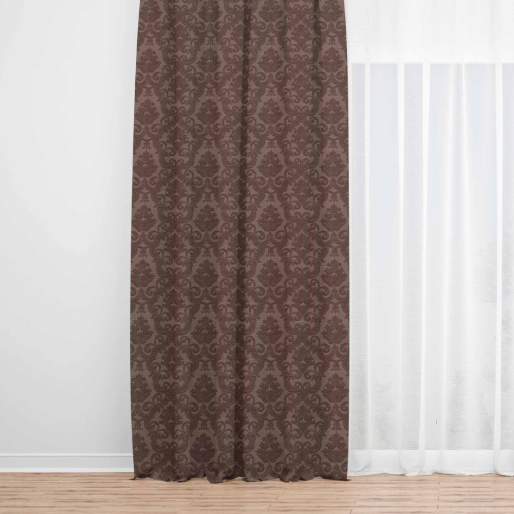 Nakts aizkari "Brown baroque curtain". Aizkari, 140x270 cm. Tumši brūns aizkars ar elegantu žakarda ornamentu, piešķirot dziļumu un siltumu jebkurai telpai.