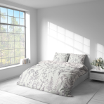 Gultas veļas komplekts „Alkali“. Rakstaina gultas veļa, 140x200 cm, 200x200 cm, 200x220 cm. Sega un spilvendrānas dekorētas ar minimālistisku botānisko līniju rakstu tumši violetā tonī.