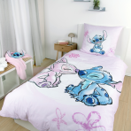 Gultas veļas komplekts „Angel and Stitch“. Kokvilnas gultas veļa, 135x200 cm. Rozā gultas veļas dizains ar stitch, angel un ziedu motīviem.
