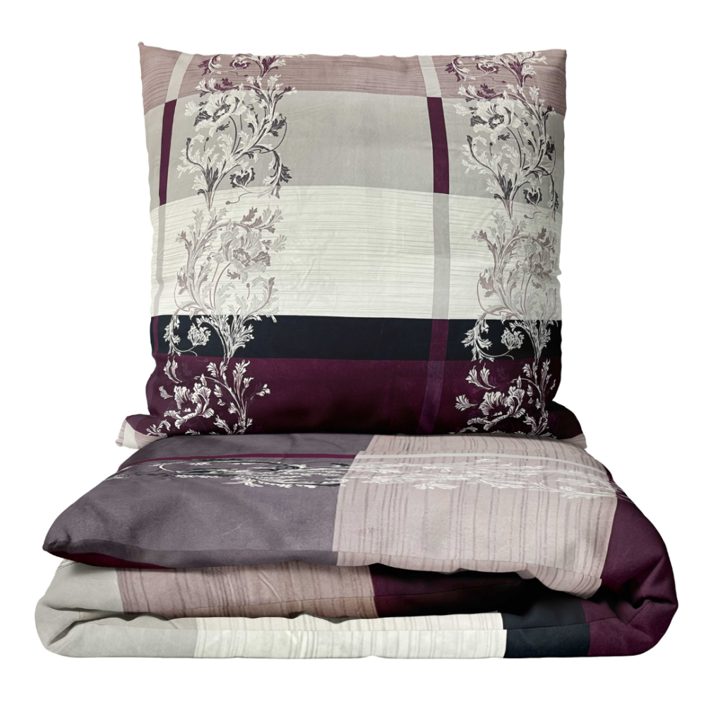 Gultas veļas komplekts „Promiseland“. Gultas veļas komplekti 140x200, 140x200 cm, 160x200 cm, 200x200 cm, 200x220 cm. Gultas veļas komplekts maigās, gaišās krāsās ar spilgtu violetu nokrāsu un dekoratīvu rakstu centrā, kas veido līdzsvarotu dizainu.