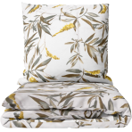 Gultas veļas komplekts „Auric“. Gultas veļa ar augiem, 140x200 cm, 150x200 cm, 160x200 cm, 180x200 cm, 200x200 cm, 200x220 cm. Balts gultas veļas komplekts ar brūni zaļām lapām un dzelteniem ziediem.