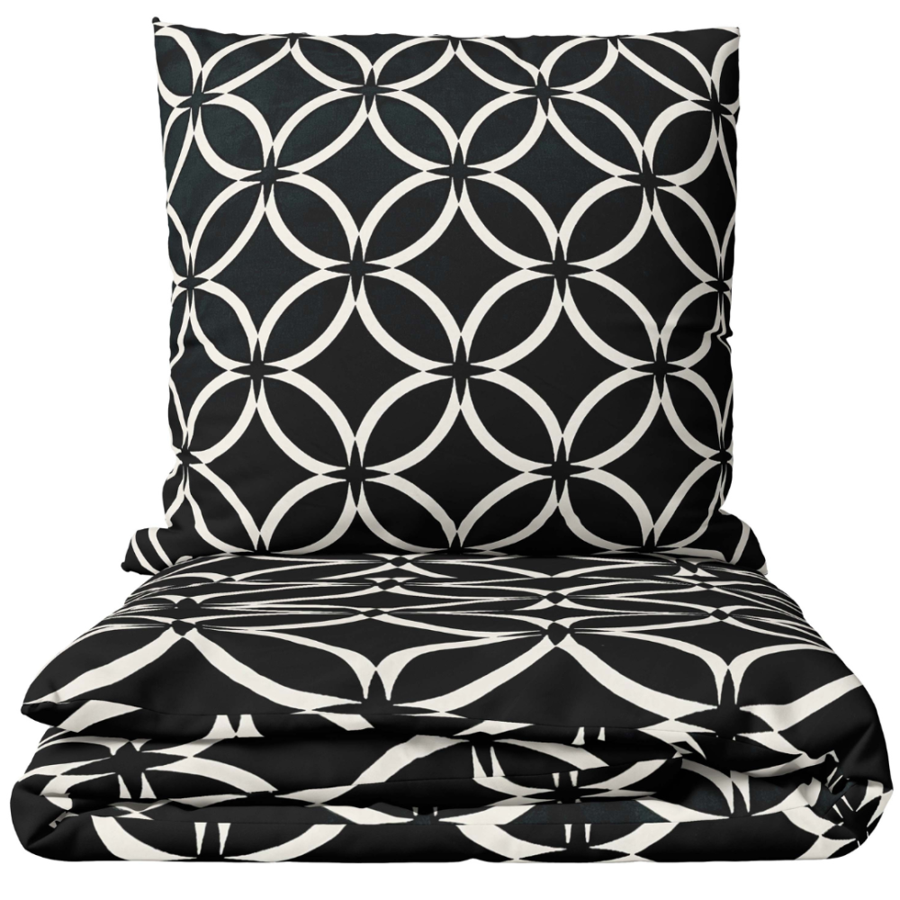 Gultas veļas komplekts „Black Retro Rings“. Gultas veļas komplekti 200x220, 140x200 cm, 160x200 cm, 200x200 cm, 200x220 cm. Melnas gultas veļas komplekts ar baltiem pārklājošiem apļiem