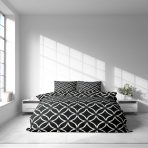 Gultas veļas komplekts „Black Retro Rings“. Gultas veļas komplekti 200x220, 140x200 cm, 160x200 cm, 200x200 cm, 200x220 cm. Kontrastējošs melnbalts raksts ar stilizētiem ziedu motīviem