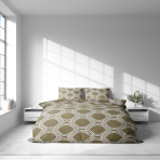 Gultas veļas komplekts „Olive Orbit“. Rakstaina gultas veļa, 140x200 cm, 150x200 cm, 160x200 cm, 180x200 cm, 200x200 cm, 200x220 cm, 220x240 cm. Gultas veļa ar savijušu līniju rakstu uz olīvu zaļa fona