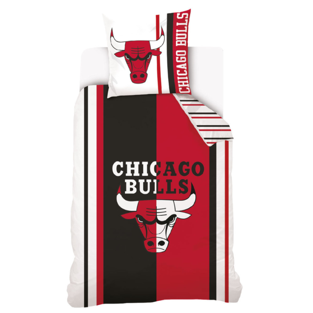 Gultas veļas komplekts „Chicago Bulls“. Bērnu gultas veļa, 140x200 cm. Melnā un sarkanā gultasveļa ar chicago bulls nba logo.
