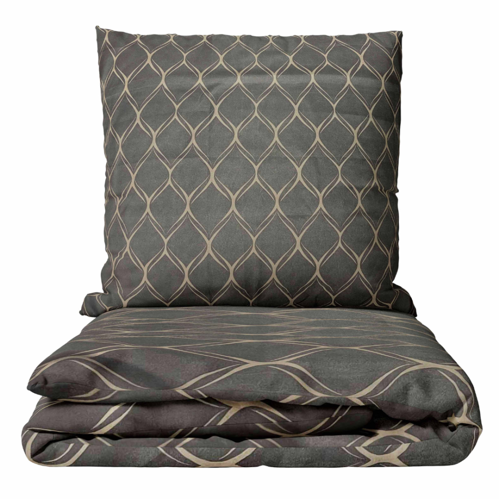 Gultas veļas komplekts „Cross“. Gultas veļas komplekti 140x200, 140x200 cm, 200x200 cm, 200x220 cm. Pelēks gultasveļas komplekts ar gaiši brūnganu smilšu krāsas ovāliem rakstiem, kas rada modernu un stilīgu izskatu jebkurai guļamistabai.