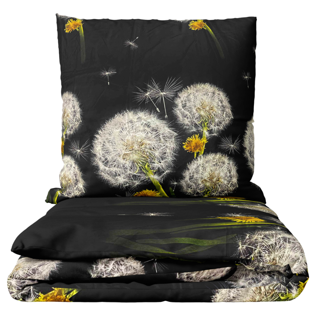 Gultas veļas komplekts „Dandelion Night“. Gultas veļas komplekti 140x200, 140x200 cm, 200x200 cm, 200x220 cm. Gultasveļas komplekts ar pienu un dzelteno ziedu rakstu uz melna fona.