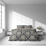 Gultas veļas komplekts „Arcadia“. Gultas veļas komplekti 140x200, 140x200 cm, 150x200 cm, 160x200 cm, 180x200 cm, 200x200 cm, 200x220 cm. Grezns tumši pelēks gultasveļas komplekts ar detalizētu ornamenta rakstu, kas rada stilīgu un izsmalcinātu atmosfēru.