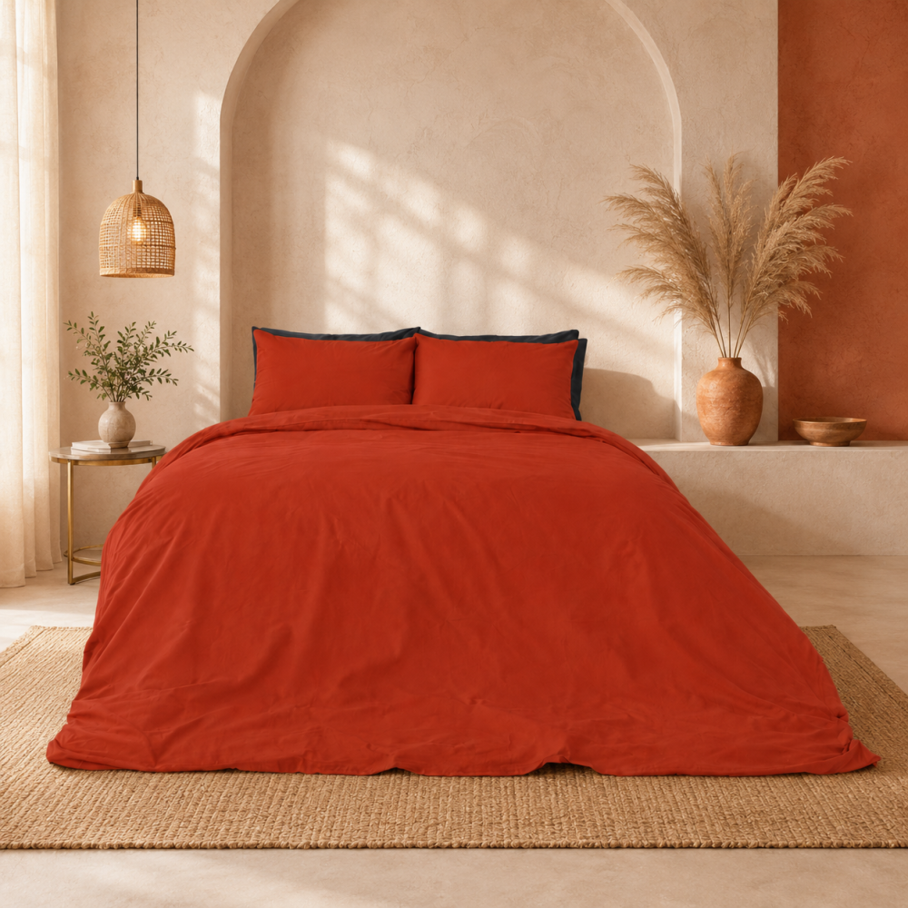 Gultas veļas komplekts „Dry Tomato“. Vienkrāsaina gultas veļa, 140x200 cm, 150x200 cm, 160x200 cm, 180x200 cm, 200x200 cm, 200x220 cm, 220x240 cm. Tumši oranžs gultas veļas komplekts siltā un elegantā guļamistabā ar bēšām sienām un dabīgiem interjera elementiem. Gultas veļas komplekts „Dry Tomato“. Vienkrāsaina gultas veļa, 140x200 cm, 150x200 cm, 160x200 cm, 180x200 cm, 200x200 cm, 200x220 cm, 220x240 cm. Tumši oranžs gultas veļas komplekts siltā un elegantā guļamistabā ar bēšām sienām un dabīgiem interjera elementiem.