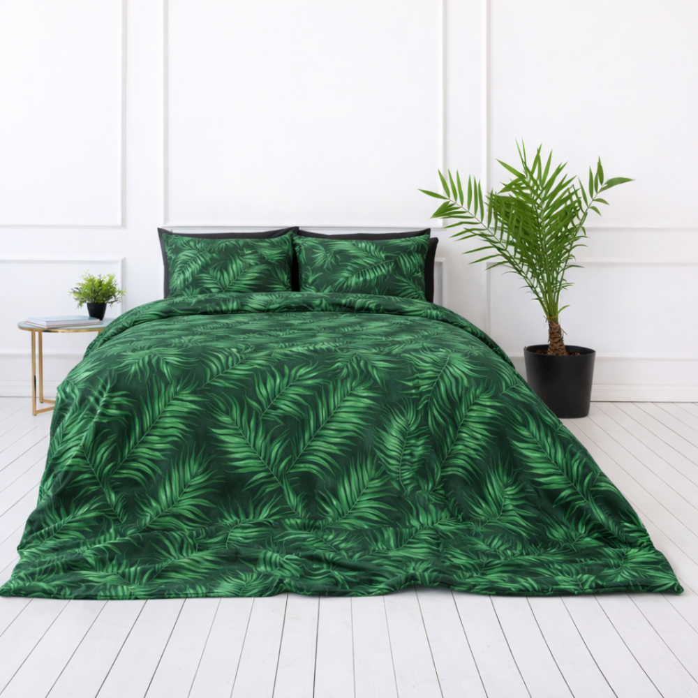 Gultas veļas komplekts „Fern“. Gultas veļa ar augiem, 140x200 cm, 150x200 cm, 160x200 cm, 180x200 cm, 200x200 cm, 200x220 cm. Gultas veļas komplekts ar izteiksmīgu papardes rakstu uz tumši zaļa fona Gultas veļas komplekts „Fern“. Gultas veļa ar augiem, 140x200 cm, 150x200 cm, 160x200 cm, 180x200 cm, 200x200 cm, 200x220 cm. Gultas veļas komplekts ar izteiksmīgu papardes rakstu uz tumši zaļa fona