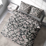 Gultas veļas komplekts „Floret“. Gultas veļas komplekti 140x200, 140x200 cm, 160x200 cm, 200x200 cm, 200x220 cm, 220x240 cm. Eleganta tumši pelēka gultasveļa ar smalku brūnganu ziedu ziedlapiņu rakstu.