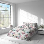 Gultas veļas komplekts „Flowery Mosaic“. Gultas veļas komplekti 140x200, 140x200 cm, 200x200 cm, 200x220 cm. Gultas veļas komplekts ar dažādiem ziedu rakstiem un maigiem rozā, zilajiem un dzeltenajiem toņiem.