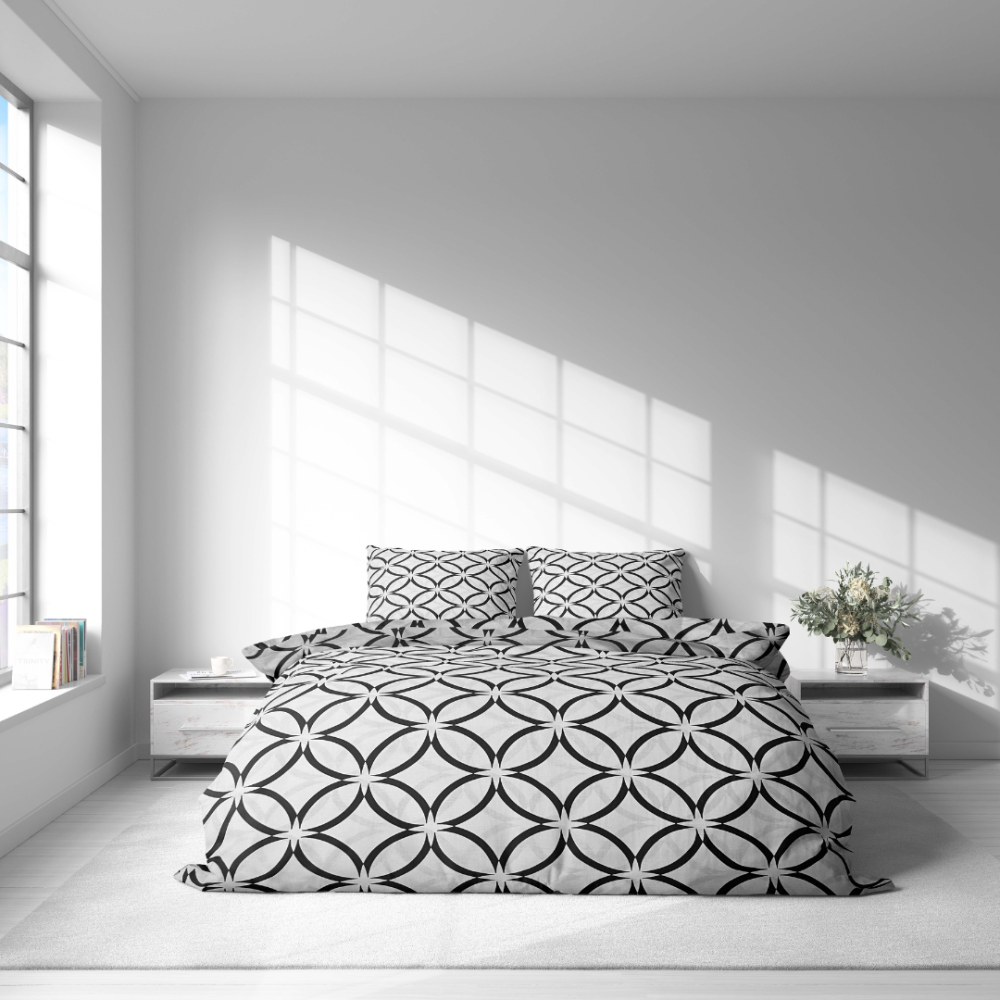 Gultas veļas komplekts „Grey Retro Rings“. Gultas veļas komplekti 200x220, 140x200 cm, 160x200 cm, 200x200 cm, 200x220 cm. Minimālistiska stila gultas veļa ar melnu apļu ornamentu uz gaiša fona