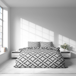 Gultas veļas komplekts „Grey Retro Rings“. Gultas veļas komplekti 200x220, 140x200 cm, 160x200 cm, 200x200 cm, 200x220 cm. Minimālistiska stila gultas veļa ar melnu apļu ornamentu uz gaiša fona