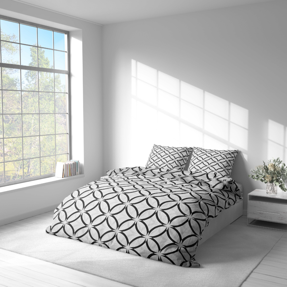 Gultas veļas komplekts „Grey Retro Rings“. Gultas veļas komplekti 200x220, 140x200 cm, 160x200 cm, 200x200 cm, 200x220 cm. Kontrastējošs pelēks gultas veļas komplekts ar melnu ziedu motīviem