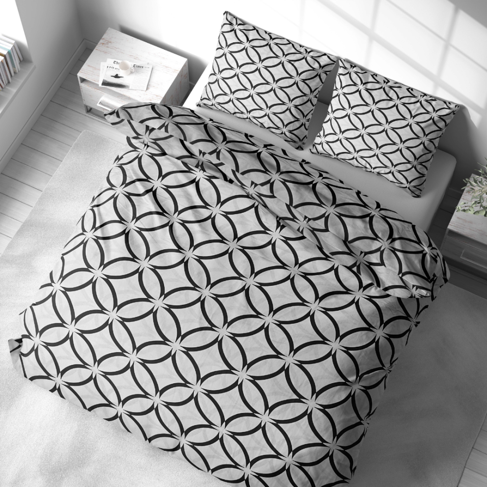 Gultas veļas komplekts „Grey Retro Rings“. Gultas veļas komplekti 200x220, 140x200 cm, 160x200 cm, 200x200 cm, 200x220 cm. Mūsdienīgs melnbalts dizains ar pārklājošiem melniem lokiem uz baltas gultas veļas