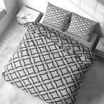 Gultas veļas komplekts „Grey Retro Rings“. Gultas veļas komplekti 200x220, 140x200 cm, 160x200 cm, 200x200 cm, 200x220 cm. Mūsdienīgs melnbalts dizains ar pārklājošiem melniem lokiem uz baltas gultas veļas