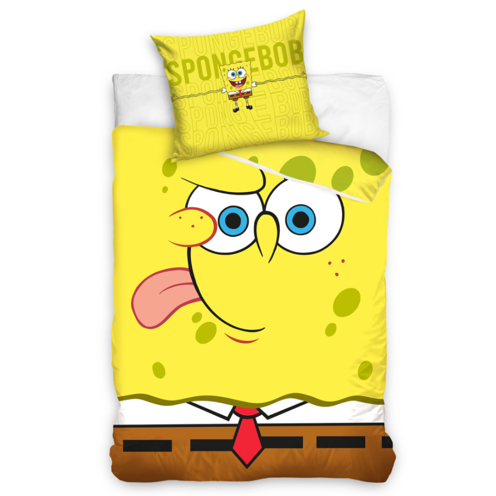 Gultas veļas komplekts „Happy Sponge“. Bērnu gultas veļa, 140x200 cm. Dzeltena bērnu gultasveļa ar lielu spongebob squarepants tēlu.
