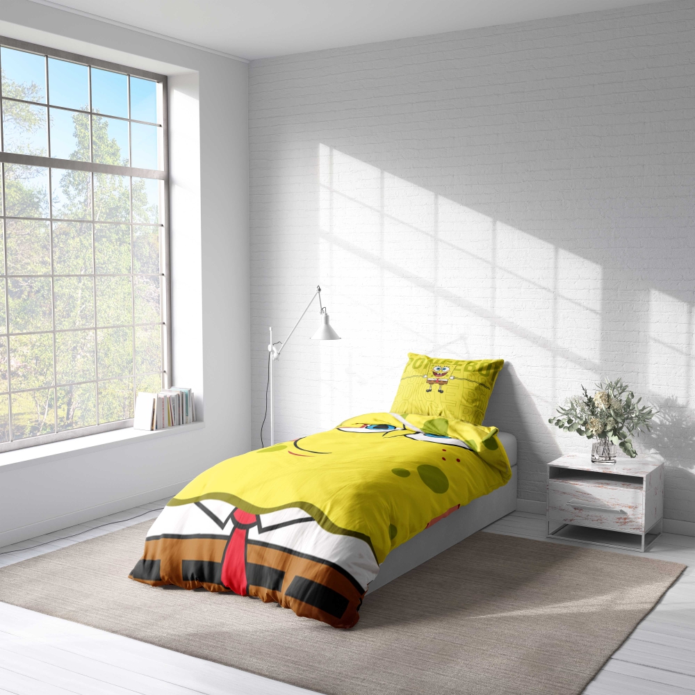 Gultas veļas komplekts „Happy Sponge“. Bērnu gultas veļa, 140x200 cm. Spilgts dzeltens gultasveļas komplekts ar izteiksmīgu spongebob squarepants dizainu.