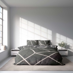 Gultas veļas komplekts „Infiniel“. Gultas veļas komplekti 140x200, 140x200 cm, 160x200 cm, 200x200 cm, 200x220 cm, 220x240 cm. Tuvplāns tumši pelēkai gultasveļai ar krustojošām baltām līnijām, kas izceļ dinamisku un māksliniecisku rakstu.