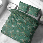 Gultas veļas komplekts „Jade Leaves“. Kokvilnas gultas veļa, 140x200 cm, 200x200 cm, 200x220 cm, 220x240 cm. Dažādu lapu kontūras un silueti zelta un vara joslās uz tumši zaļa fona.