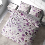 Gultas veļas komplekts „Jasmine“. Gultas veļas komplekti 140x200, 140x200 cm, 200x200 cm, 200x220 cm, 220x240 cm. Mierīga gultasveļa ar violetiem un baltiem jasmīna ziediem uz balta fona.