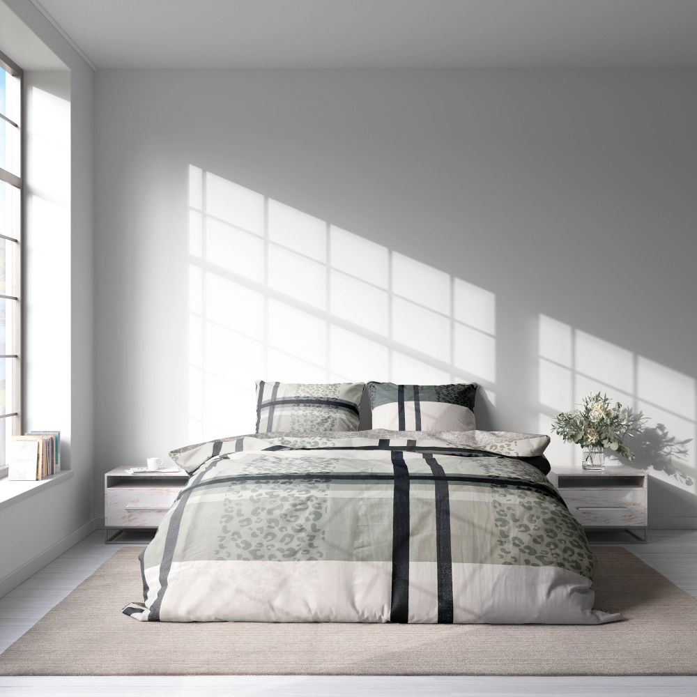 Gultas veļas komplekts "Lane Luxe". Gultas veļas komplekti 140x200, 140x200 cm. Elegants gultasveļas komplekts ar režģa un leoparda rakstu kombināciju harmoniskā stila apvienojumā