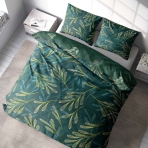 Satīna gultas veļa "Premium Laurel". Satīna gultas veļa, 140x200 cm, 200x200 cm, 200x220 cm. Izteiksmīgs tumši zaļš gultas veļas komplekts ar lielu lapu un zaru rakstu, kas piešķir augšanu, dzīvotspēju un nomierinošu enerģiju jūsu telpai.