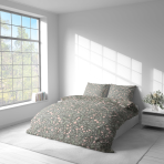 Gultas veļas komplekts „Levada“. Gultas veļas komplekti 140x200, 140x200 cm, 200x200 cm, 200x220 cm. Pelēks gultasveļas komplekts ar maigiem rozā toņiem un zaļu lapu rakstiem, kas ir ideāli piemērots nomierinošai un stilīgai guļvietai.