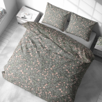 Gultas veļas komplekts „Levada“. Gultas veļas komplekti 140x200, 140x200 cm, 200x200 cm, 200x220 cm. Gultasveļas komplekts nomierinošā pelēkā tonī ar rotaļīgiem rozā un zaļu lapu rakstiem, kas ir ideāli piemērots mājīgai un dzīvespriecīgai guļamistabai.