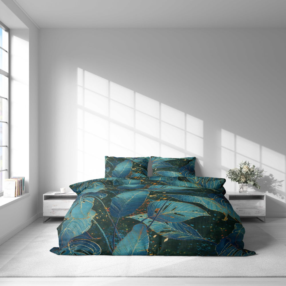 Gultas veļas komplekts „Luminare“. Zaļa gultasveļa, 140x200 cm, 150x200 cm, 160x200 cm, 180x200 cm, 200x200 cm, 200x220 cm, 220x240 cm. Zilganzaļš gultas veļas komplekts ar zelta akcentiem.