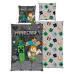 Gultas veļas komplekts „Minecraft“. Kokvilnas gultas veļa, 135x200 cm. Tumši pelēks gultas veļas komplekts ar krāsainiem minecraft tēliem.