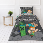 Gultas veļas komplekts „Minecraft“. Kokvilnas gultas veļa, 135x200 cm. Minecraft gultas veļa ar zaļiem tēliem un pelēku bloku rakstu.