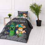 Gultas veļas komplekts „Minecraft“. Kokvilnas gultas veļa, 135x200 cm. Melna un pelēka gultas veļa ar minecraft uzrakstu, tirkīzziliem un oranžiem akcentiem.