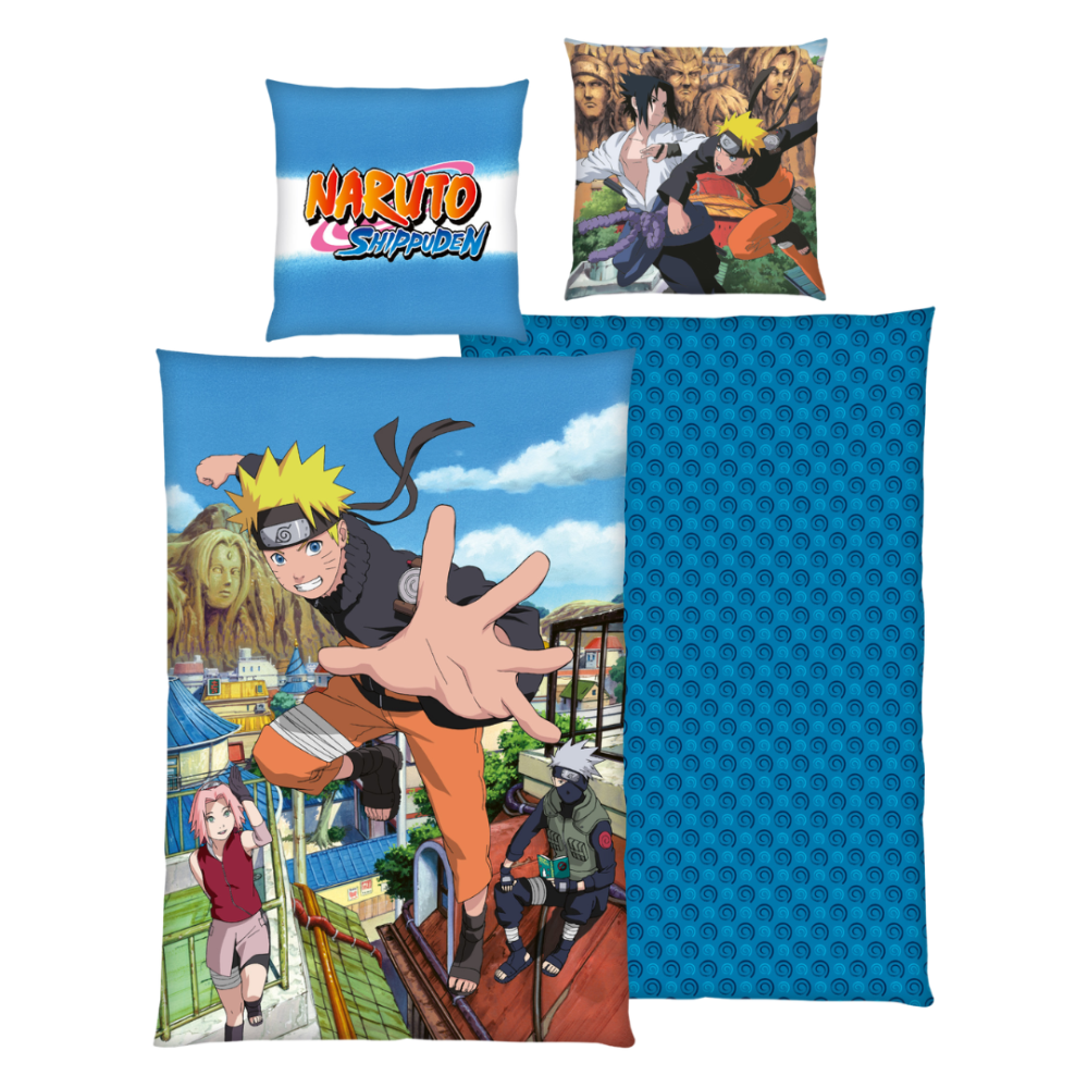 Gultas veļas komplekts „Naruto“. Kokvilnas gultas veļa, 135x200 cm. Zils gultas veļas komplekts ar naruto tēliem un krāsainu ciemata ainavu. Gultas veļas komplekts „Naruto“. Kokvilnas gultas veļa, 135x200 cm. Zils gultas veļas komplekts ar naruto tēliem un krāsainu ciemata ainavu.