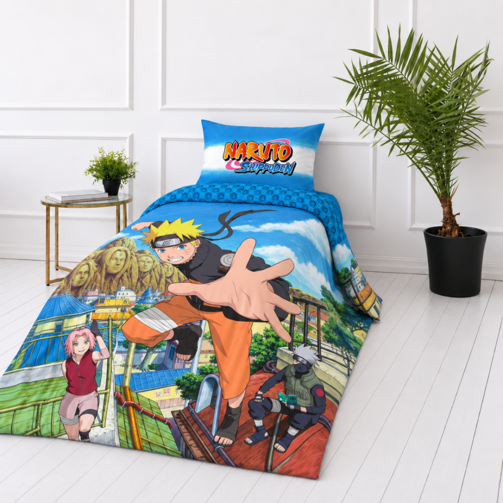 Gultas veļas komplekts „Naruto“. Kokvilnas gultas veļa, 135x200 cm. Zila spilvendrāna ar baltu joslu un krāsainu naruto shippuden uzrakstu. Gultas veļas komplekts „Naruto“. Kokvilnas gultas veļa, 135x200 cm. Zila spilvendrāna ar baltu joslu un krāsainu naruto shippuden uzrakstu.