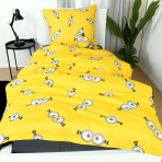 Gultas veļas komplekts „Minions“. Kokvilnas gultas veļa, 135x200 cm. Divpusējs „minions“ dizains – dzeltens smalks raksts un melni zils tēlu motīvs Gultas veļas komplekts „Minions“. Kokvilnas gultas veļa, 135x200 cm. Divpusējs „minions“ dizains – dzeltens smalks raksts un melni zils tēlu motīvs
