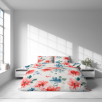 Gultas veļas komplekts „Miraflores“. Gultas veļas komplekti 140x200, 140x200 cm, 160x200 cm, 200x200 cm, 200x220 cm, 220x240 cm. Akvareļstilā veidots auduma raksts ar brīvi izvietotiem spilgtiem ziediem un lapiņām.
